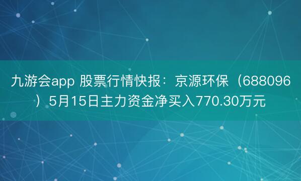 九游会app 股票行情快报：京源环保（688096）5月15日主力资金净买入770.30万元